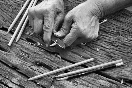 pencil sharpener on wood background -  vintage style.の写真素材