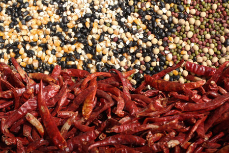 mixture of legumes red bean,black bean, green bean, peanuts,chili