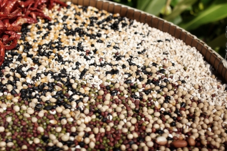 mixture of legumes red bean,black bean, green bean, peanuts,chiliの写真素材