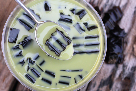 Tasty of green tea milk and grass jellyの写真素材