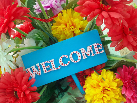 Welcome sign and flowerの写真素材