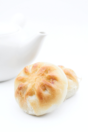 Festival moon cake and hot teaの写真素材