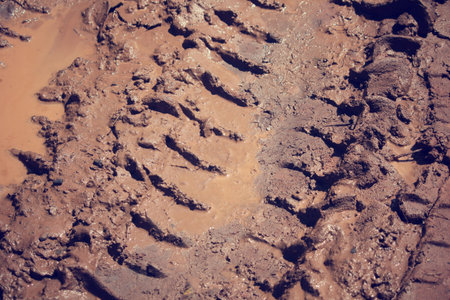 Wheel tracks on the soil.