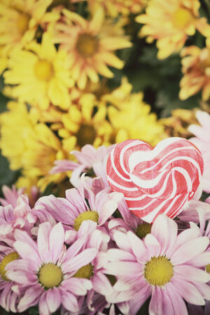 Candy valentines heart with flowersの写真素材