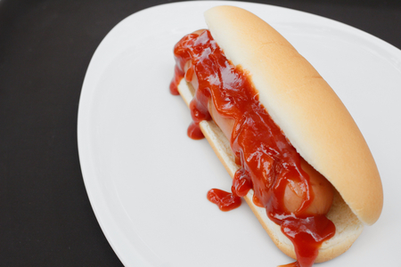 Fast food hot dog with ketchupの写真素材