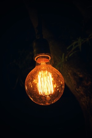 Vintage light bulb at nightの写真素材