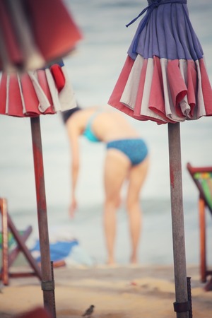 Beach chairs and umbrellaの写真素材