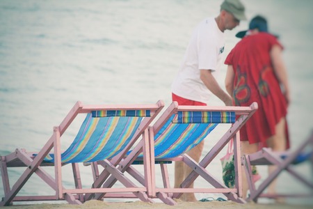Beach chairs and umbrellaの写真素材