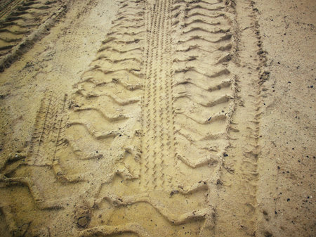 Wheel tracks on the soil.