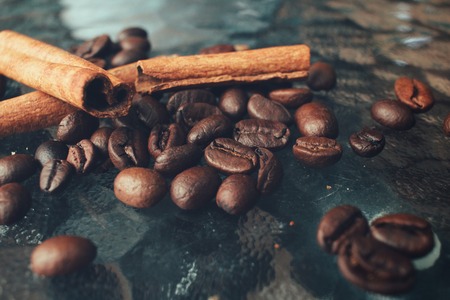 Roasted coffee beans and cinnamonの写真素材