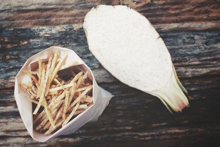Fresh taro and taro chipsの写真素材