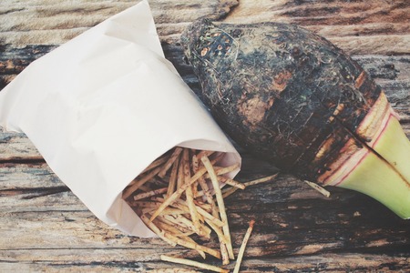 Fresh taro and taro chipsの写真素材