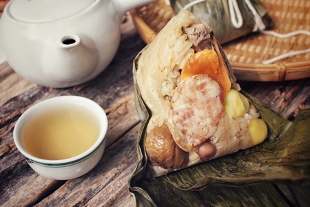 Zongzi with hot teaの写真素材