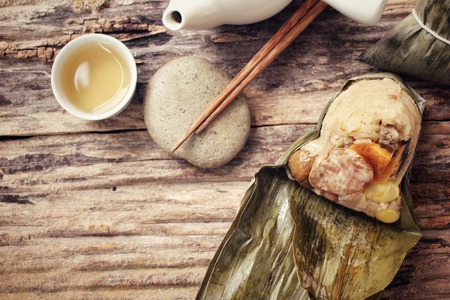 Zongzi with hot teaの写真素材
