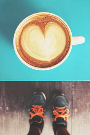 Selfie of coffee with shoesの写真素材