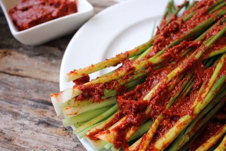 Green onion kimchi korean foodの写真素材