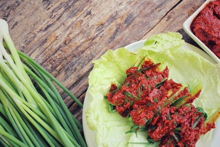Green onion kimchi korean foodの写真素材