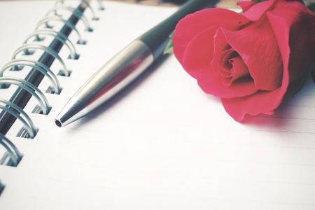 Blank notepad with red rose and penの写真素材