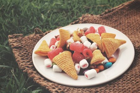 Mixed halloween candy with chocolate and marshmallowの写真素材