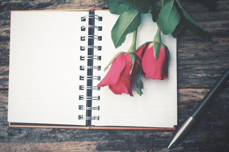 Blank notepad with red rose and penの写真素材