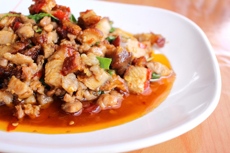 Fried pork and basilの写真素材