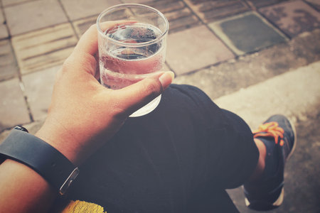 Selfie of drink waterの写真素材