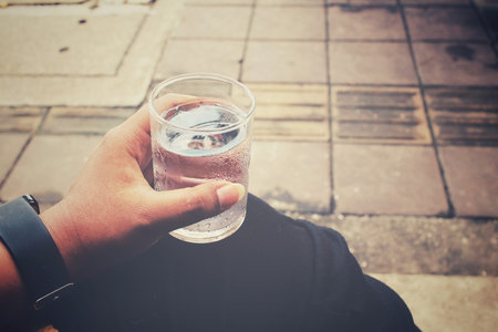 Selfie of drink waterの写真素材