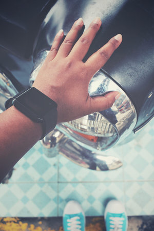 Selfie of vintage car with handの写真素材