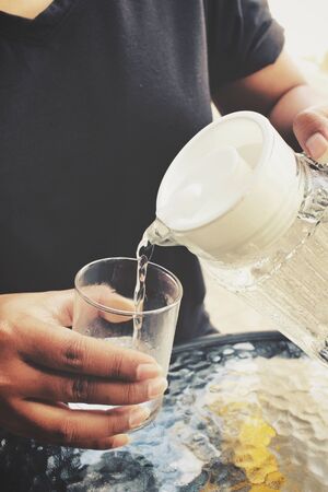 Selfie of drink waterの写真素材