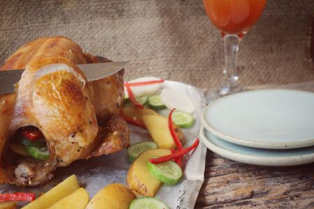 Roasted turkey and vegetables for thanksgiving dayの写真素材