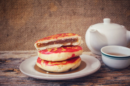 Chinese cake with hot teaの写真素材