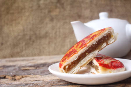 Chinese cake with hot teaの写真素材