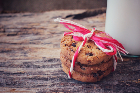 Chocolate chip cookies with milkの写真素材