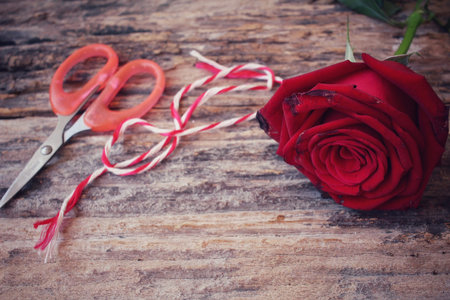 Making bouquet with red roses flowerの写真素材