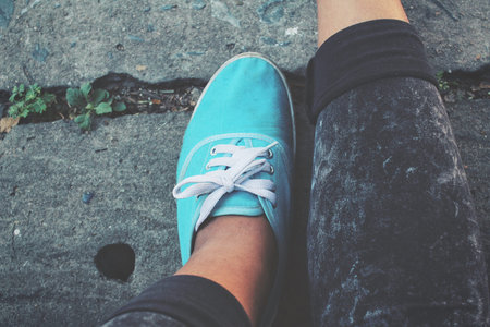 Selfie of sneakersの写真素材