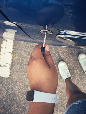 Selfie of shoes with open the door carの写真素材