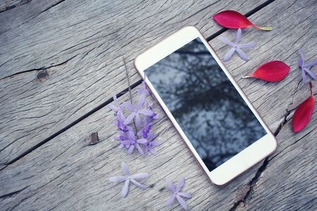 Purple flowers with smart phoneの写真素材