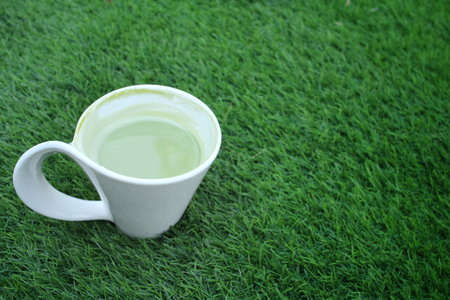 Green tea and milk on cupの写真素材