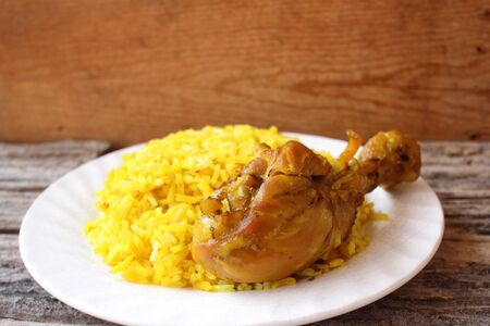 Chicken biryani with rice on wood backgroundの写真素材