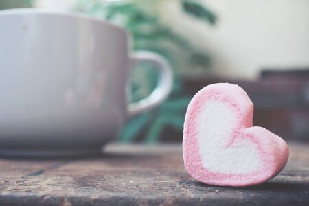 Hot chocolate with heart pink marshmallow for valentine's dayの写真素材