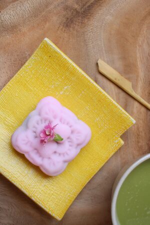 Mochi with green tea japanese dessertの写真素材