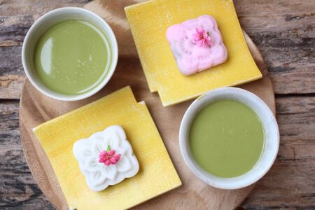 Mochi with green tea japanese dessertの写真素材