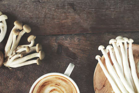 Mushroom with hot coffeeの写真素材