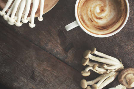 Mushroom with hot coffeeの写真素材