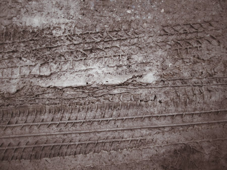 Wheel tracks on the soil.