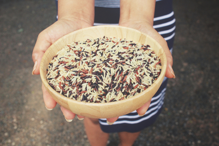 Raw rice grain on handsの写真素材