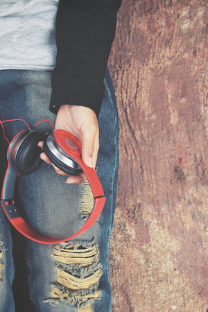 Headphones on handの写真素材