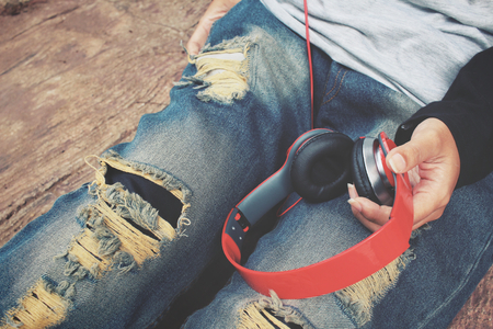 Headphones on handの写真素材