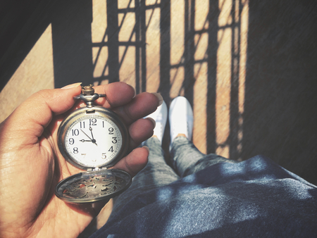 Selfie of hand with watch pocketの写真素材
