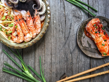 Korean spicy seafood noodle soupの写真素材